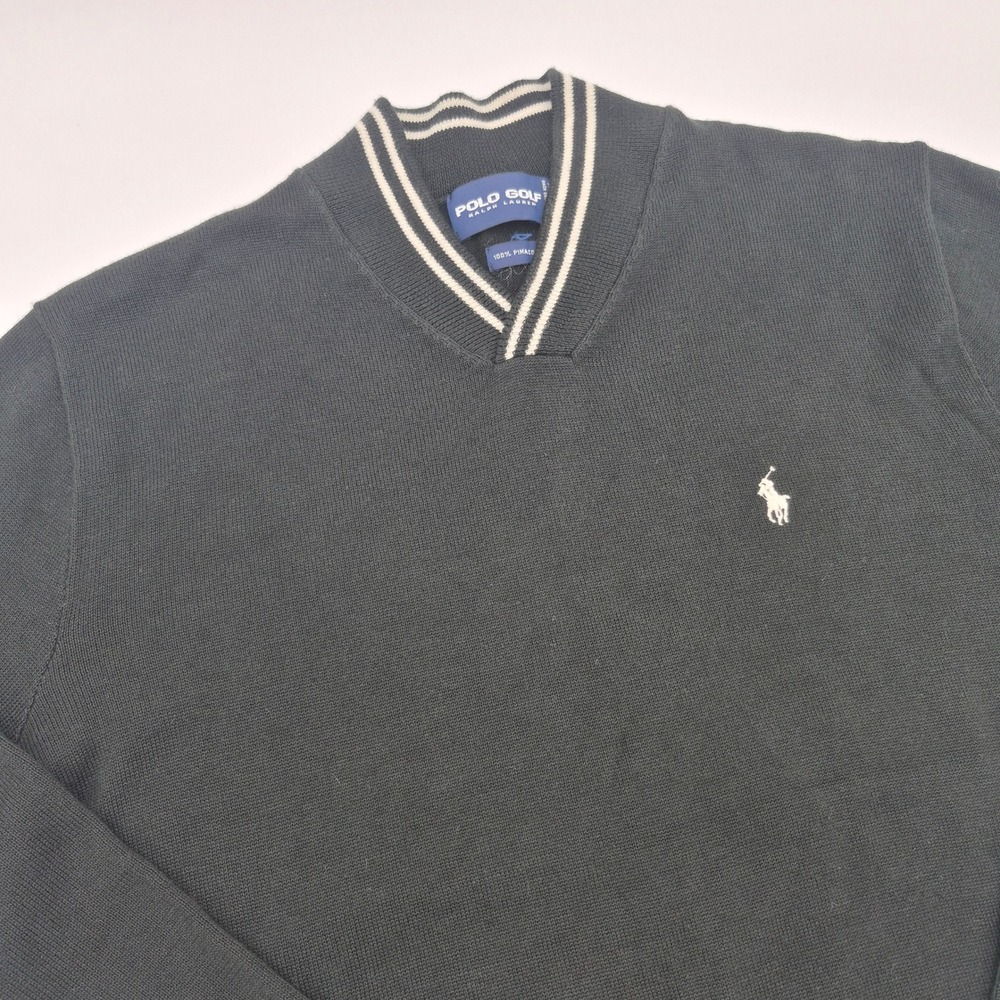 Polo Golf Ralph Lauren V-Neck Sweater Black Pima Cotton Mens Medium Striped